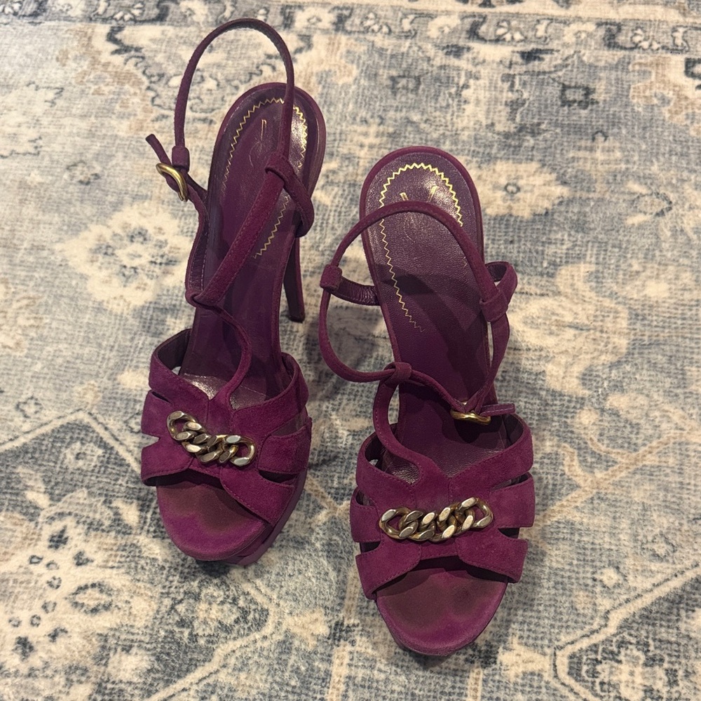 YSL tribute Purple Suede Chain Accent High Heel Sandals size 7